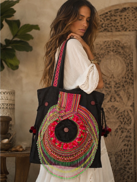 The Unbranded Brand Handbags - Vintage Handmade Hmong Beaded Fringe Tote Bag Embroidered Boho Ethnic Large